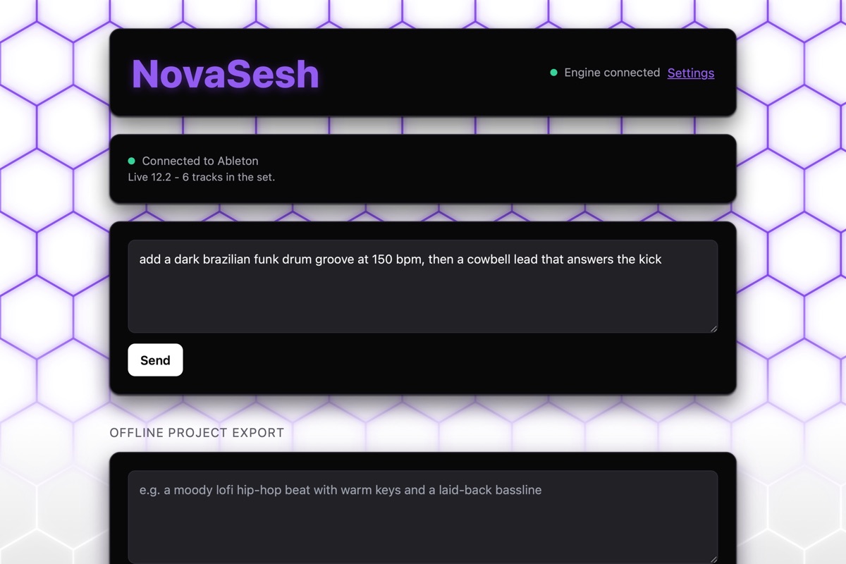 NovaSesh's window connected to an Ableton Live 12 set