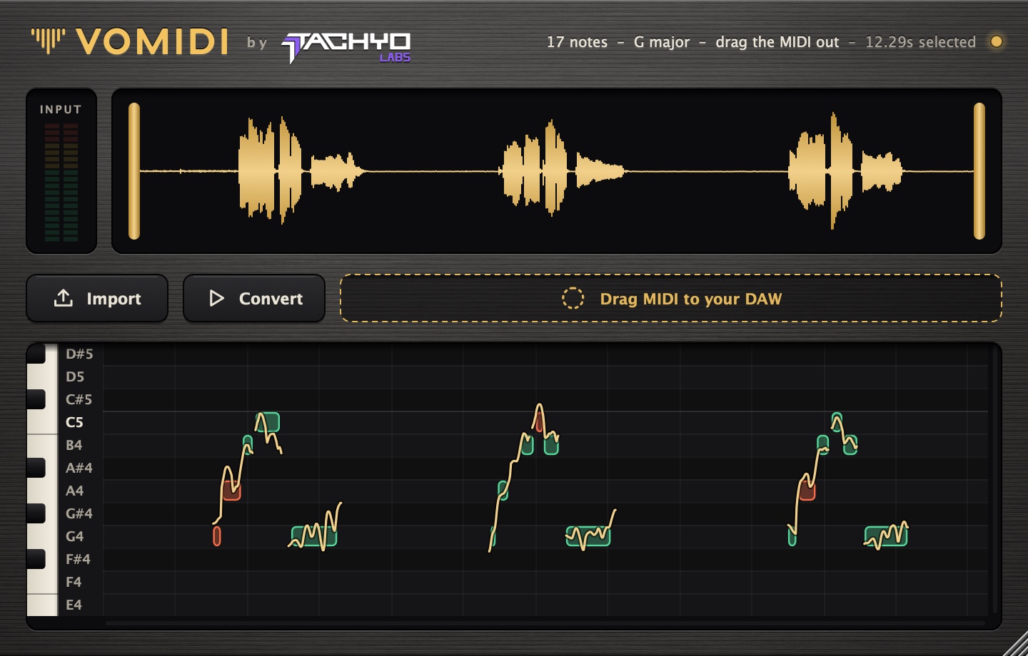 Vomidi's plugin window: a hummed take turned into 17 MIDI notes in G major, confident notes in green and notes to check in red, with the pitch of the voice drawn through them